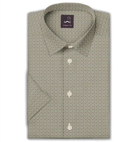 Pure Cotton - Semi-Spread Collar - Short Sleeve - Beige Diamond Grid
