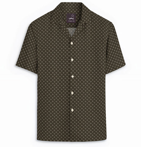 Pure Cotton - Camp Collar - Short Sleeve - Olive Floral Maze