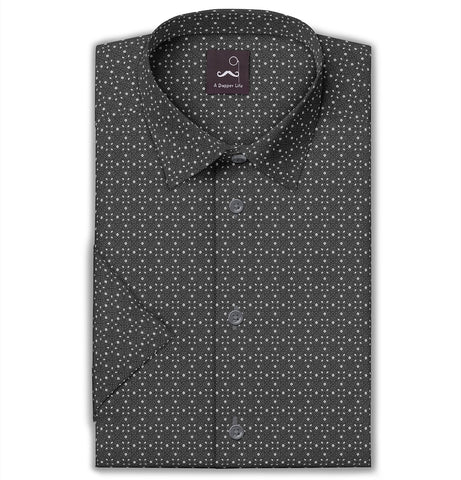 Pure Cotton - Semi-Spread Collar - Short Sleeve - Gray Filigree
