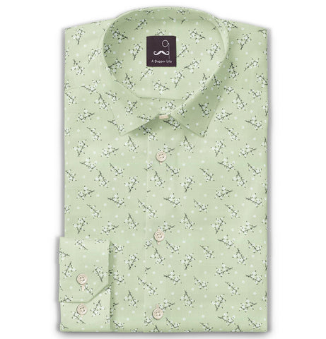 Pure Cotton - Semi-Spread Collar - Long Sleeve - Mint Hanami Bloom