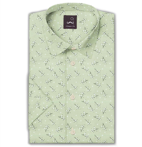 Pure Cotton - Semi-Spread Collar - Short Sleeve - Mint Hanami Bloom