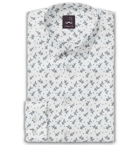 Pure Cotton - Semi-Spread Collar - Long Sleeve - White Hanami Bloom