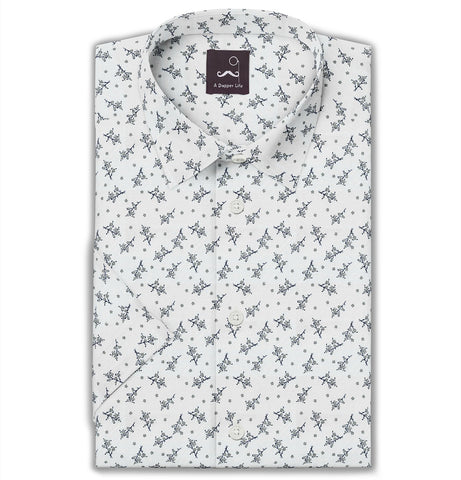 Pure Cotton - Semi-Spread Collar - Short Sleeve - White Hanami Bloom