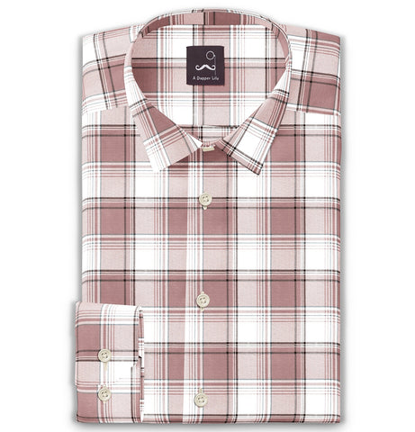 Pure Cotton - Semi-Spread Collar - Long Sleeve - Rose Taupe Check