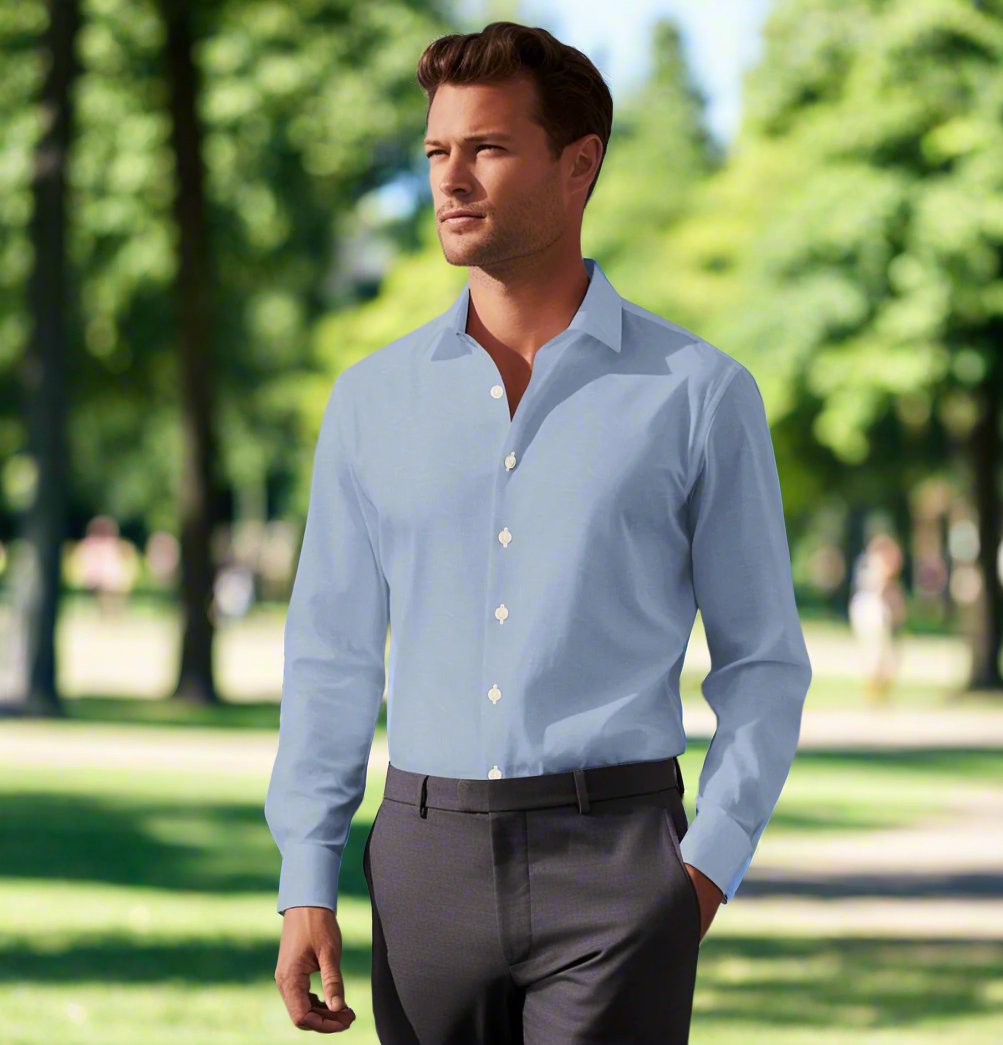 dusty blue mens dress shirt Airthreads Men's Shirt, Cotton Linen, Long Sleeve, Dusty Blue, Tailored Fit