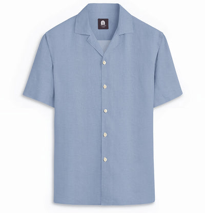 Cotton Linen Camp Collar Short Sleeve Shirt in Dusty Blue