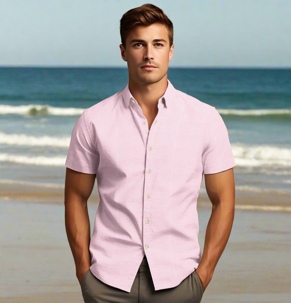 Airthreads Men's Shirt, Cotton Linen, Short Sleeve, Light Pink, Tailored Fit, Light Pink / XXL / 5.4-5.7 Airthreads Men's Shirt, Cotton Linen, Short Sleeve, Light Pink, Tailored Fit, Light Pink / XXL / 5.4-5.7