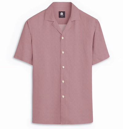 Cotton Linen Camp Collar Short Sleeve Shirt in Dusty Pink