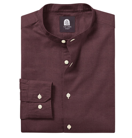 Pure Linen - Band Collar - Long Sleeve - Maroon