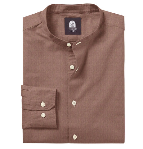 Pure Linen - Band Collar - Long Sleeve - Tawny Brown