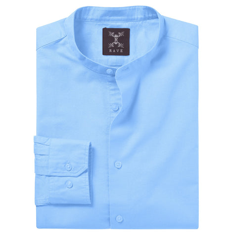 Wrinkle-resistant - Band Collar - Cotton-Lycra Shirt - Long Sleeve - Sky Blue