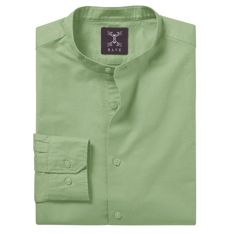 Wrinkle-resistant - Band Collar - Cotton-Lycra Shirt  - Long Sleeve - Leaf Green