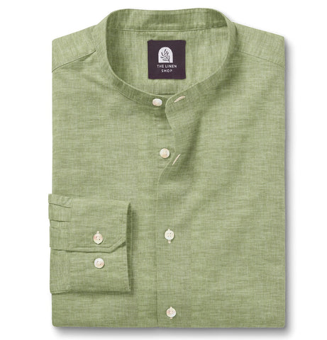 Pure Linen - Band Collar - Olive Green
