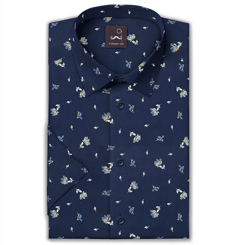 Wrinkle-free Navy with Flowers - Short Sleeve