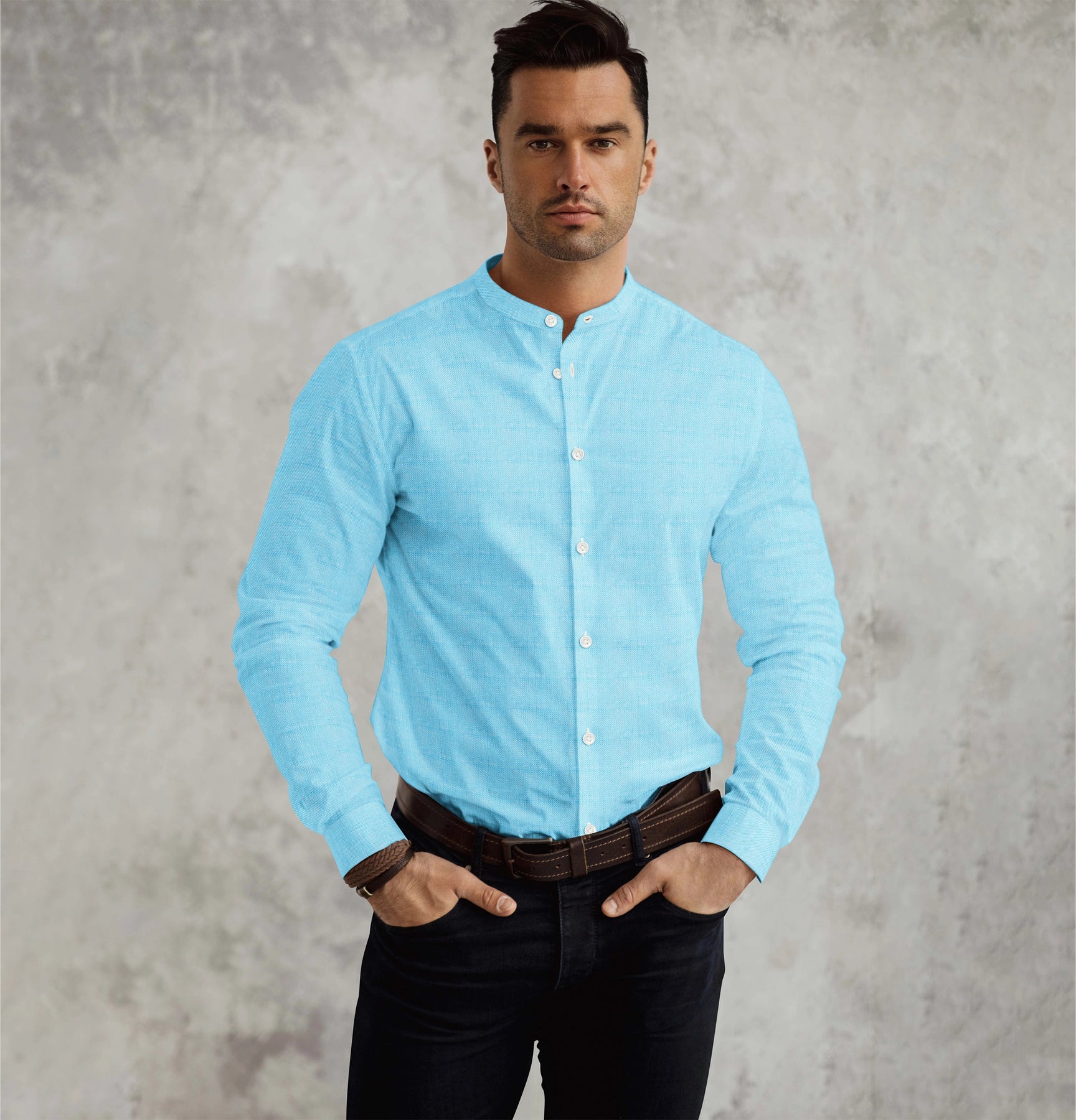 Long Sleeve Band Collar Shirt in Blue Color
