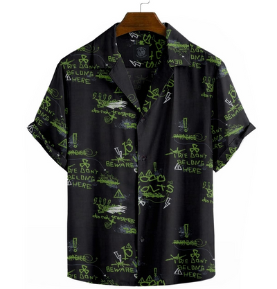 Cotton - Camp Collar Shirt - Black Green Text
